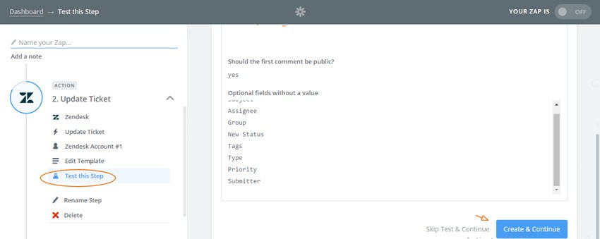 Assembla Zapier Automated Workflow - Test Zendesk by creating a new ticket continued