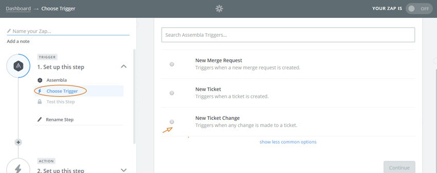 Assembla Zapier Automated Workflow - Choose the New Ticket Change Trigger