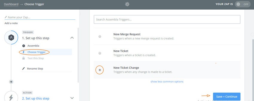 Assembla Zapier Automated Workflow - Select New Ticket Change