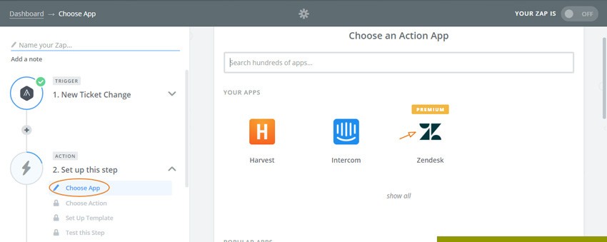 Assembla Zapier Automated Workflow - Choose Zendesk as an Action App
