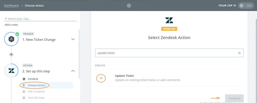 Assembla Zapier Automated Workflow - Select our Zendesk Action