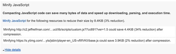 Optimizing PageSpeed - JavaScript Minify Results