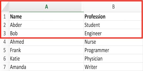 Cells A1 to B3 of Excel spreadsheet