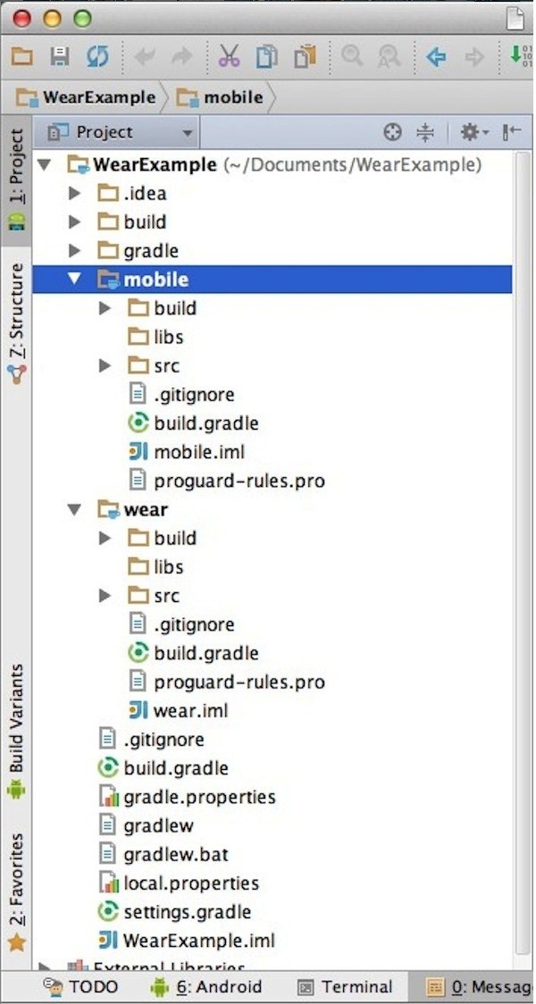 Expand the Mobile and Wear modules and youll find a complete set of classes directories resources and other important files and folders