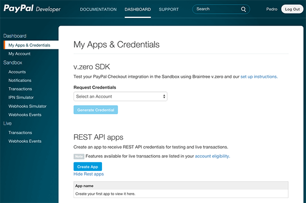 PayPal Developer App Dashboard