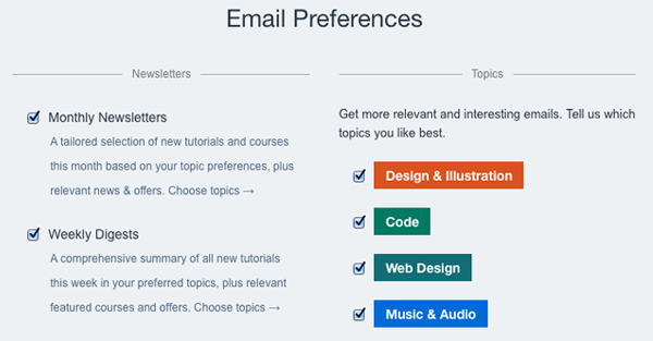 New Email Preference Settings on Tuts