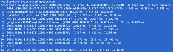 Traceroute to Google IPv6 Name Server