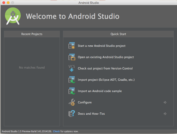 Android Studio Welcome Screen