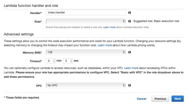 Configure the Handler function and the IAM role