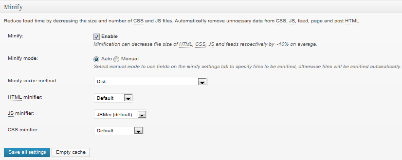 w3 total cache minification option page