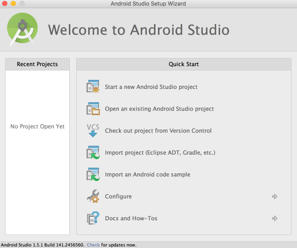 Android Studio Welcome Screen