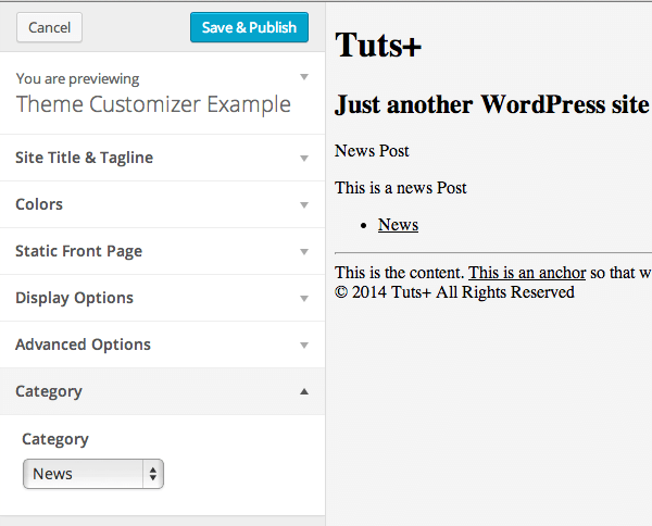 Theme Customizer: Posts from News Category