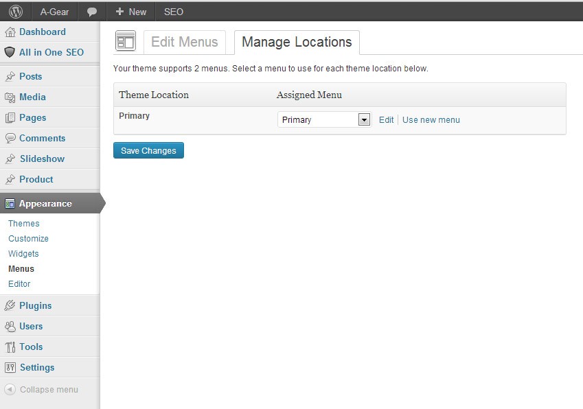 Wordpress Menu Management Page