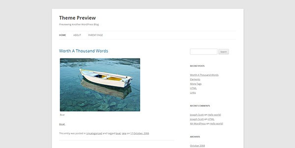 Single column sidebar design example: Twenty Twelve WordPress Theme