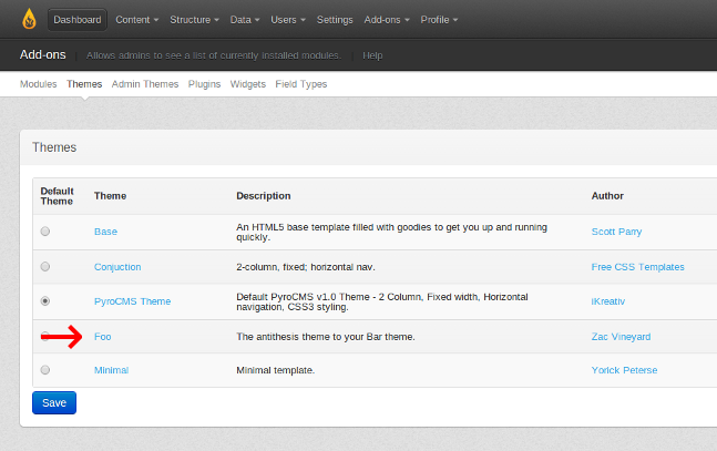 Choose a theme in the PyroCMS control panel