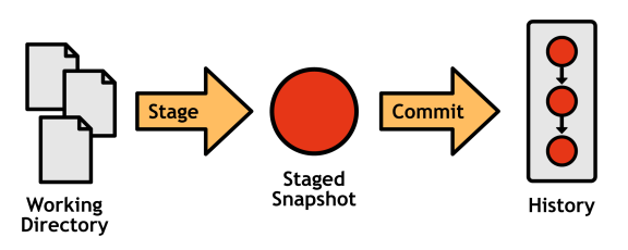 Figure 4: The working directory, staged snapshot, and committed history