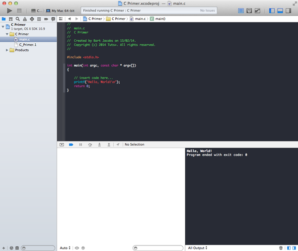 Learning C A Primer - The Project Window with the Debug Area Visible - Figure 7