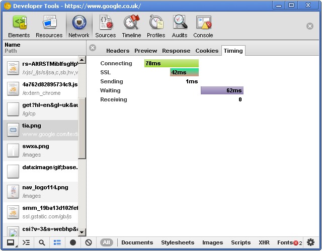 Network panel, resource timing information