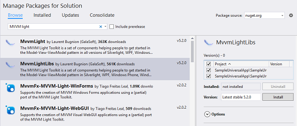 Search and Install MvvmLightLibs