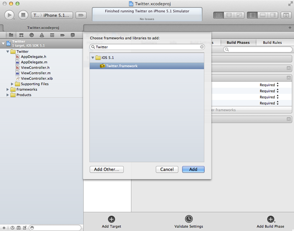 iOS 5 and The Twitter Framework (Part 1): Adding The Twitter Framework - Figure 7