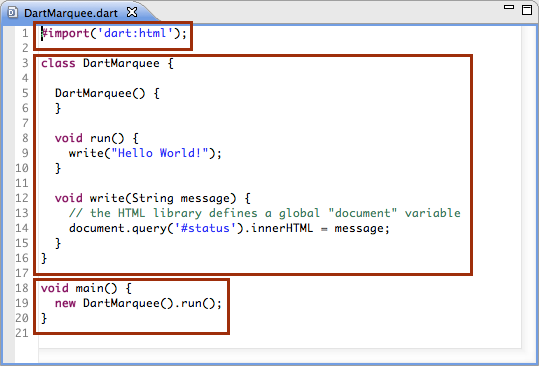 The three main sections in the default Dart file