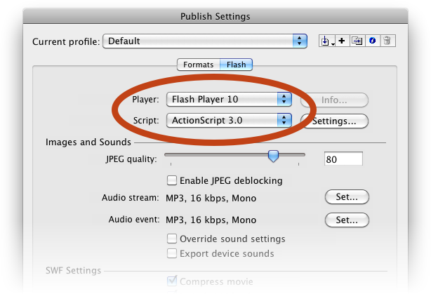 Flash version settings