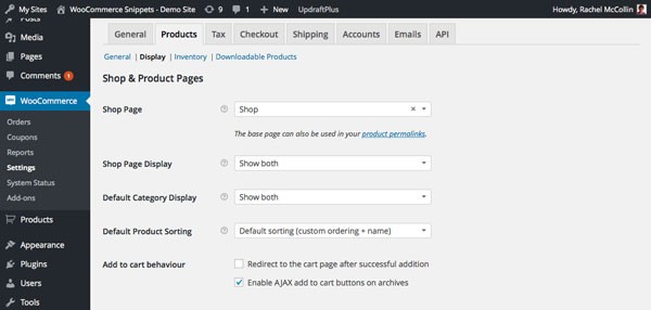 WooCommerce product display settings screen