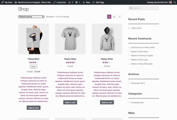 The shop page with short descriptions added to products