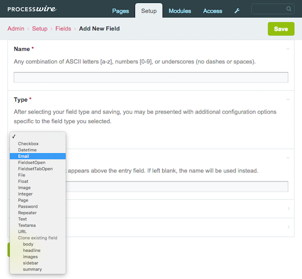 ProcessWire fields