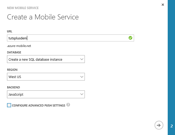 Select the Database Type Region and Runtime