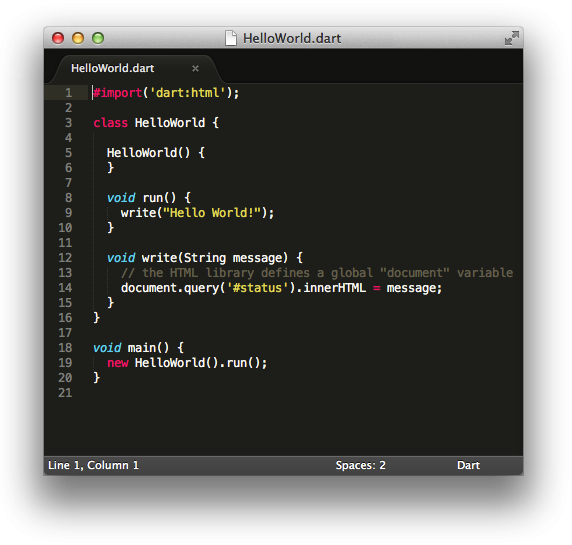 A simple Dart file in Sublime Text 2, showing off syntax highlighting