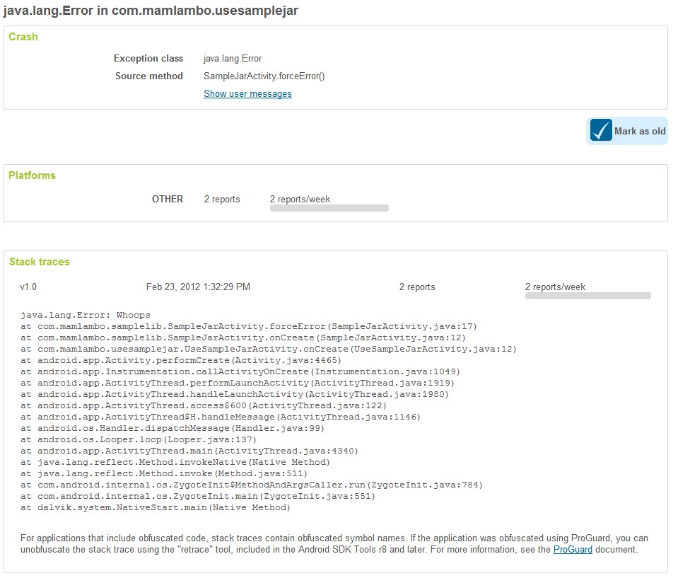 Stack trace of crash report