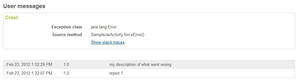 User messages with error reports