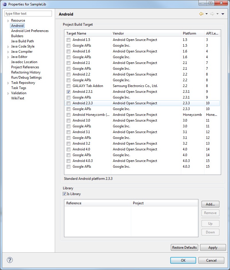 Eclipse setting for setting an Android project as a library