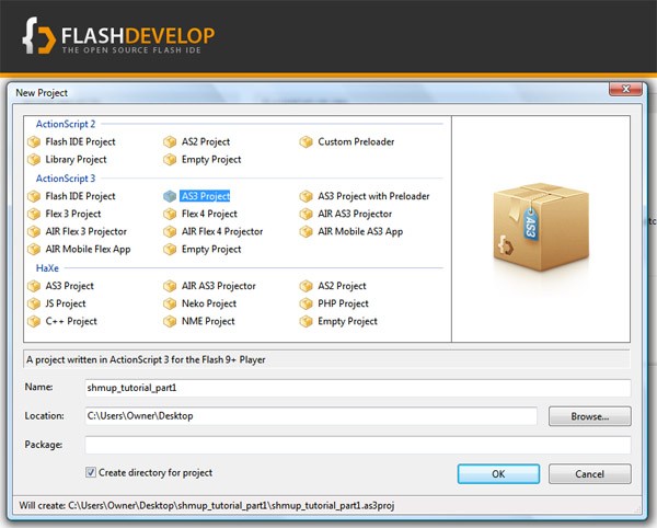 Create an .AS3 project using FlashDevelop