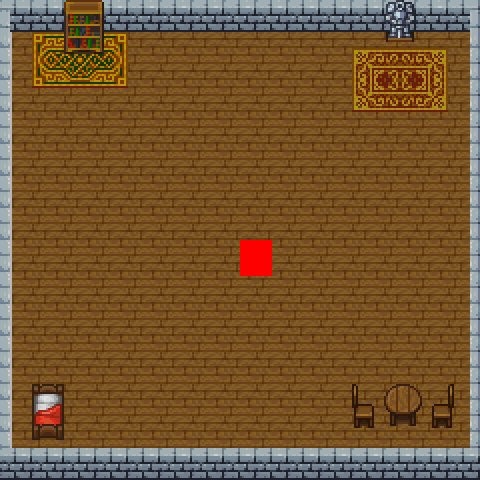 an indoor room with wooden floors, stone walls, furniture, and a red square player in the middle