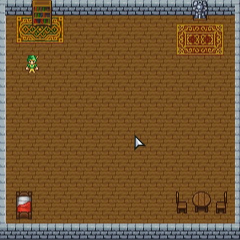 an indoor room with wooden floors, stone walls, furniture, and an animated ranger player running down the left side