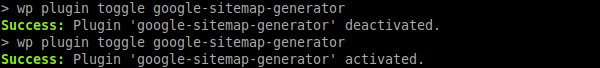 `wp plugin toggle` output