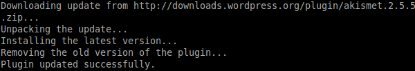 `wp plugin update` output