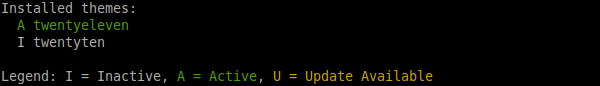 `wp theme status` output