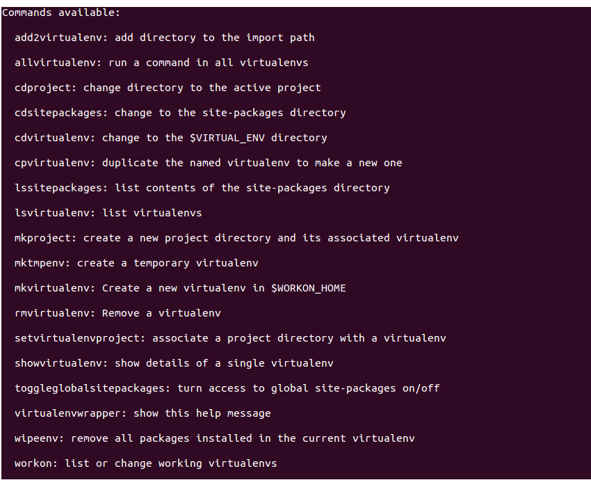 List of Commands Available in virtualenvwrapper
