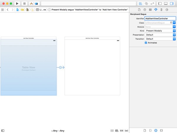 Configuring the Segue to the Add Item View Controller