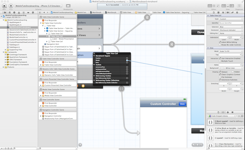 Hooking up a table view cell to a call a modal segue