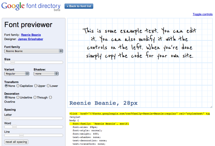 The Google font previewer allows you to play with the fonts API and get copypaste CSS code