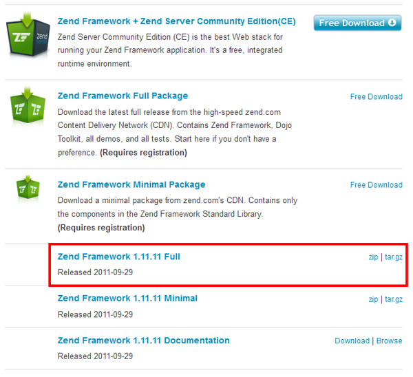 Zend Framework download list