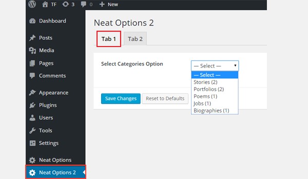 Adding the select-categories type to a tabbed interface