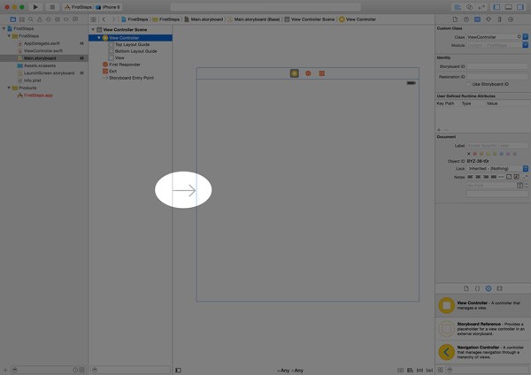 The arrow points to the initial view controller of the storyboard