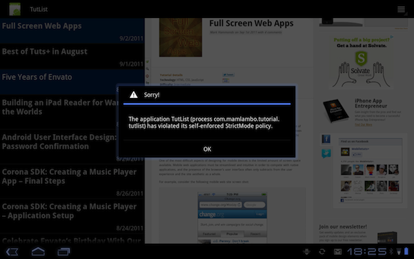 Screen showing TutList with StrictMode violation