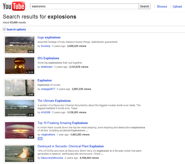 Searching for explosions on Youtube.