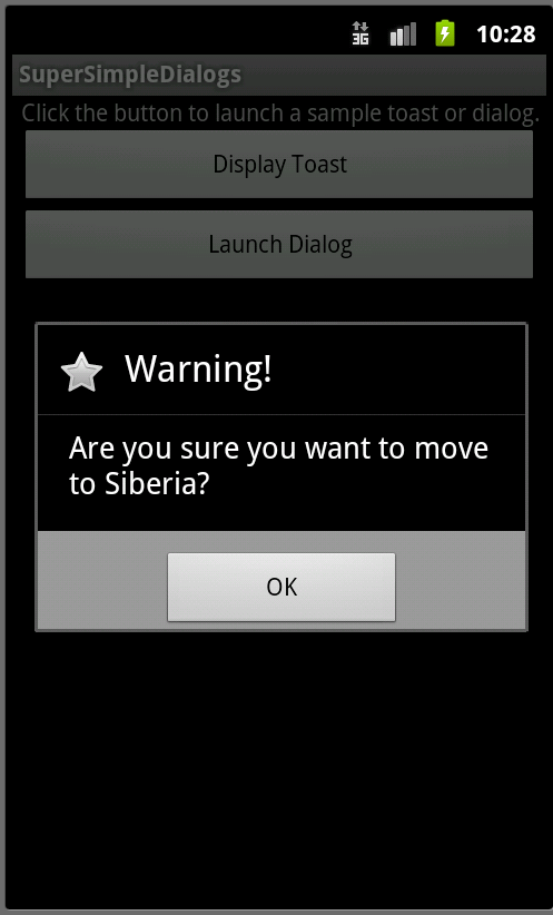 A Basic AlertDialog with an OK button